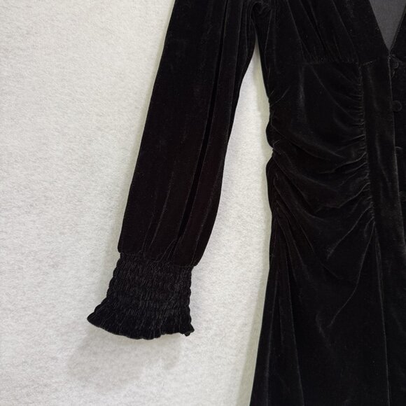 Zara Dress Womens Small Black Velvet Long Sleeve Ruched Button Front Mini Party - Picture 2 of 10